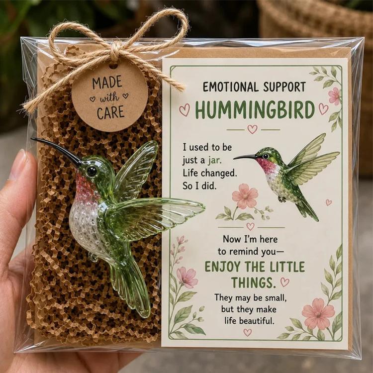 Emotional support glass hummingbird animal gift in clear box with message card