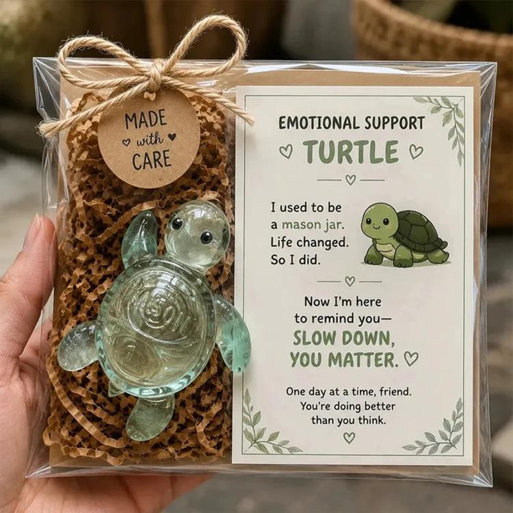 Emotional support glass turtle animal gift in clear box with message card