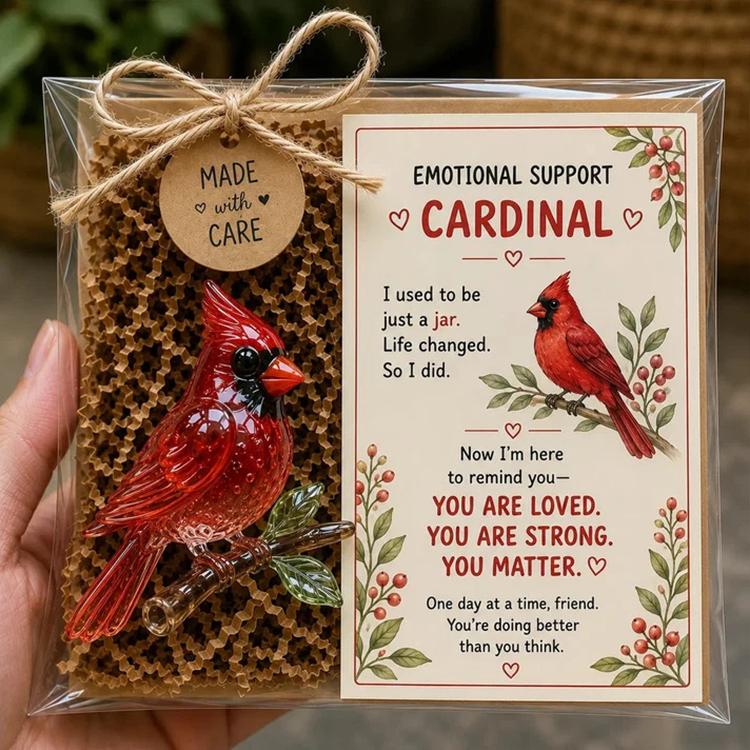 Emotional support glass cardinal animal gift in clear box with message card