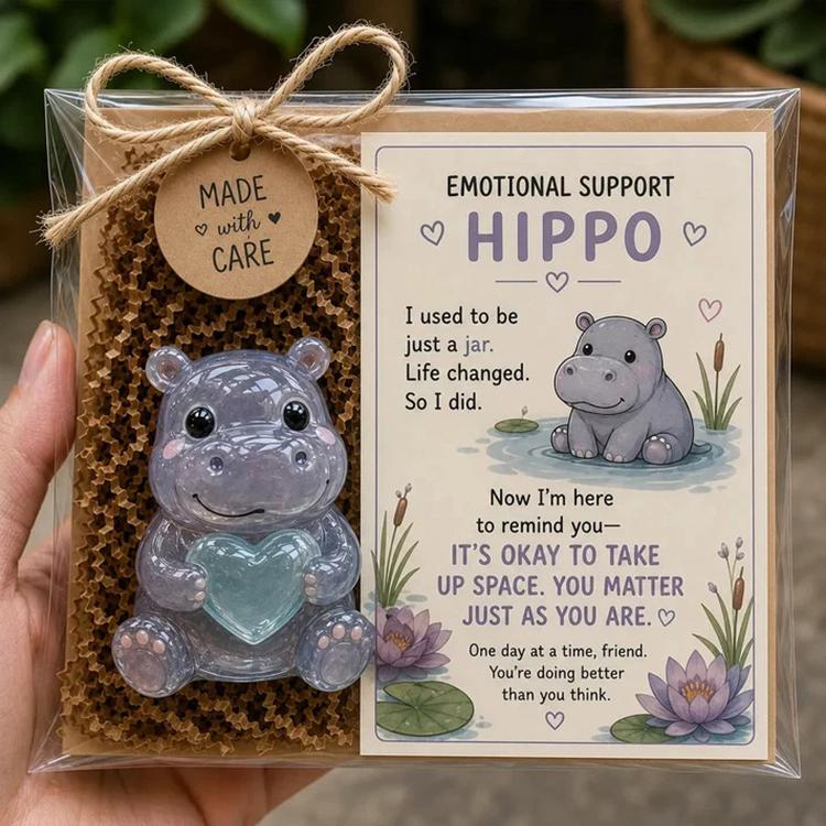 Emotional support glass hippopotamus animal gift in clear box with message card
