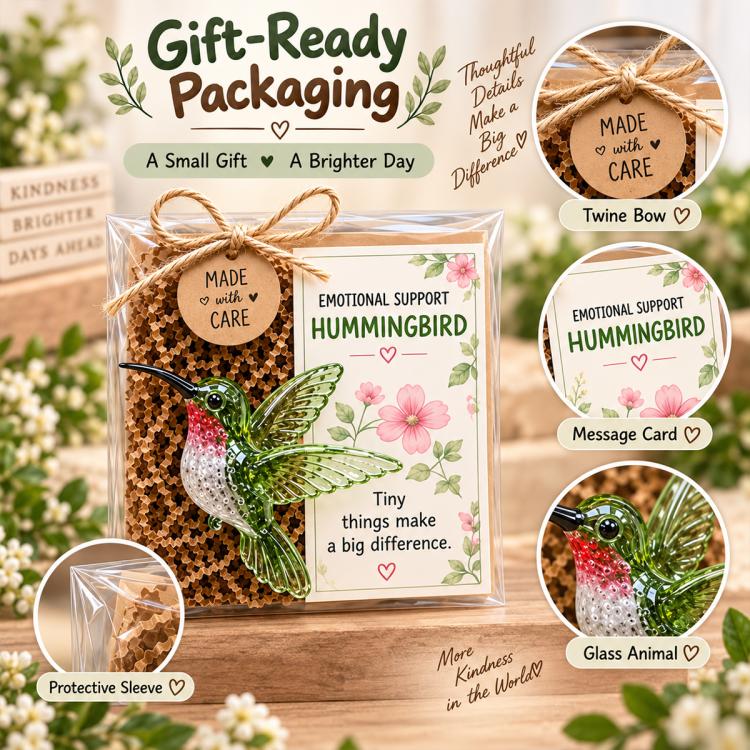 Gift-ready packaging for emotional support glass hummingbird animal with message card