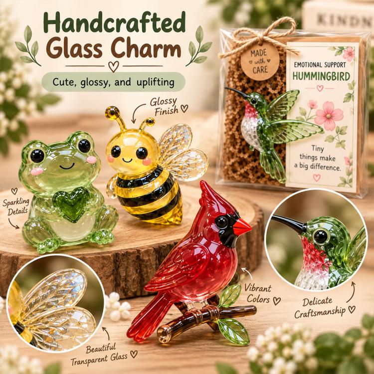 Handcrafted glass charm set featuring hummingbird, bee, frog, and cardinal in display boxes