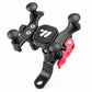 Handlebar bike phone mount with shockproof grips and phone platform, black with red latch.