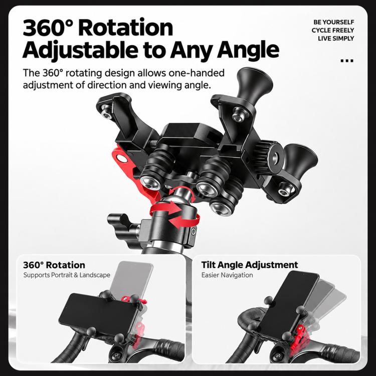 Adjustable bike phone mount with 360-degree rotation arm and phone cradle, black with red plate.