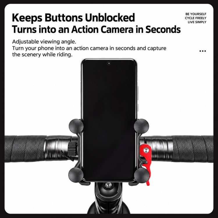 Bike phone mount holding a smartphone on handlebars with four corner grips, black/red bracket.