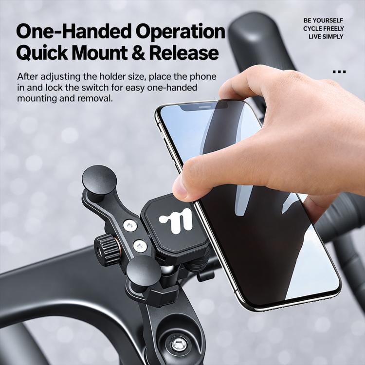 Bike phone mount with quick release for one-handed phone insertion, black cradle and grips.