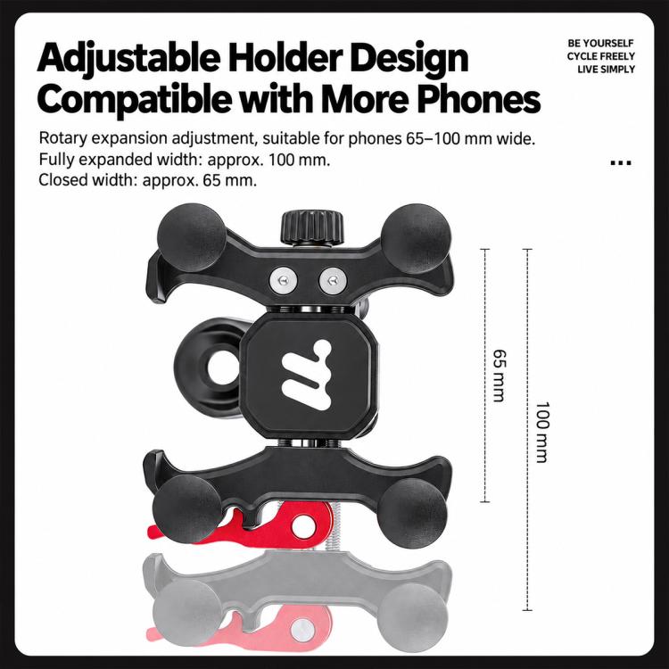 Adjustable bike phone mount with expandable cradle size, black holder with multi-grip arms.