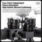 Shock-absorbing bike phone mount with silicone cushioning elements and four-grip clamp, black.