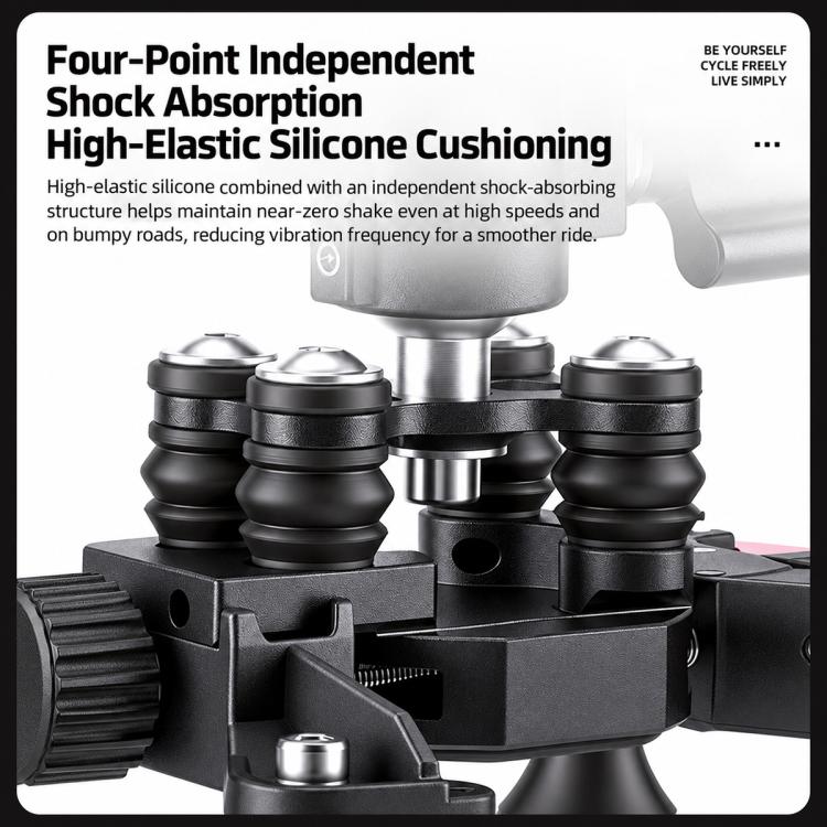 Shock-absorbing bike phone mount with silicone cushioning elements and four-grip clamp, black.