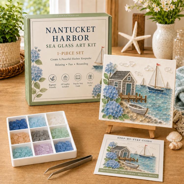 Nantucket Harbor sea glass art kit (1-piece set) with blue-toned glass pieces and guide