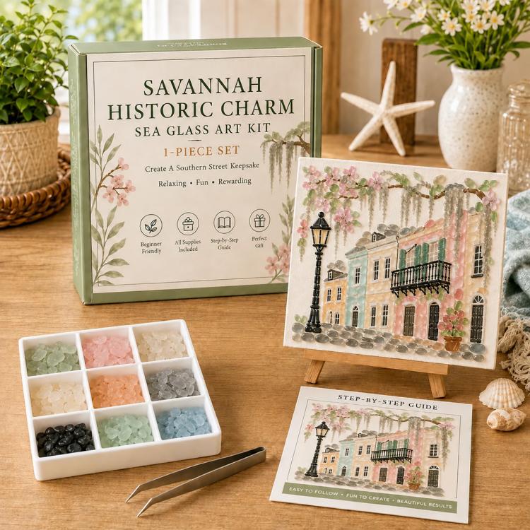Savannah sea glass art kit with glass tray, tweezers, and step-by-step guide card