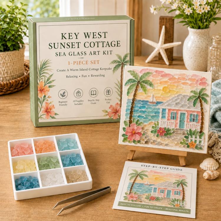 Key West sea glass art kit with glass tray, tweezers, and cottage scene guide