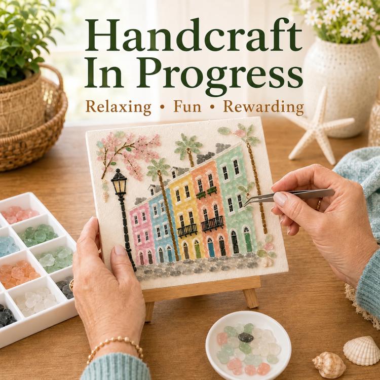 Sea glass art kit in progress: hands placing pieces on colorful street scene card