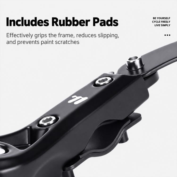 Kickstand arm detail with mounting bolts and rubber contact pads, black metal
