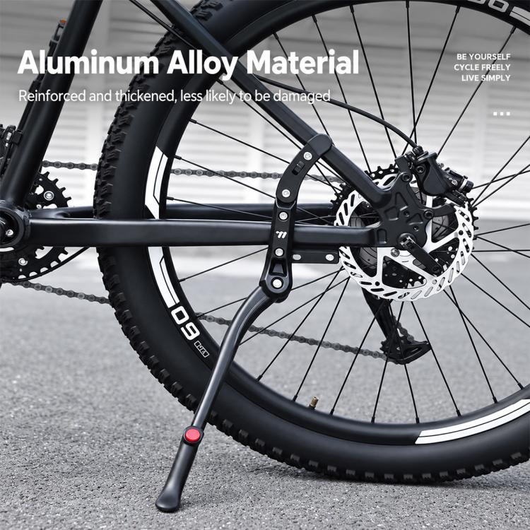 Aluminum alloy kickstand clamped near rear wheel, black stand with rubber foot
