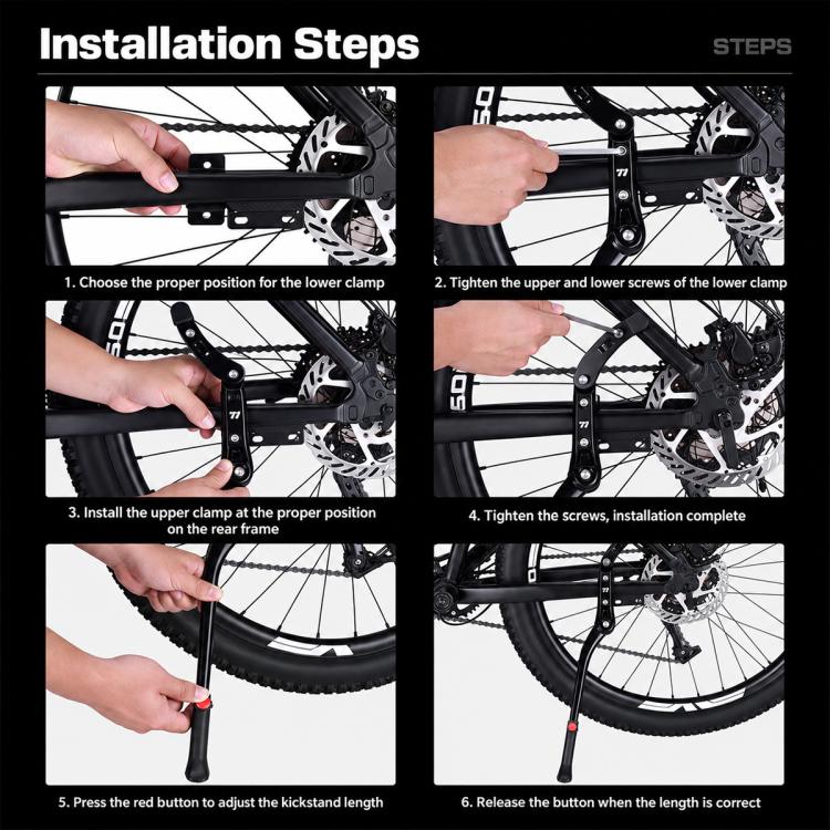Hands installing adjustable kickstand bracket on a bike frame with clamping hardware