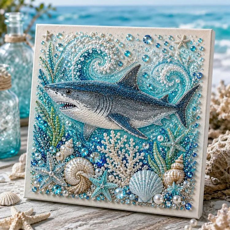 Shark pearl art canvas in gray-blue with glittery beads, shells, and starfish on a panel