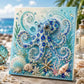 Octopus pearl art canvas in blue and teal with swirl bead details and seashell decorations