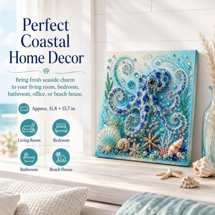 Octopus pearl art kit framed canvas with blue bead swirls, pearls, and starfish accents