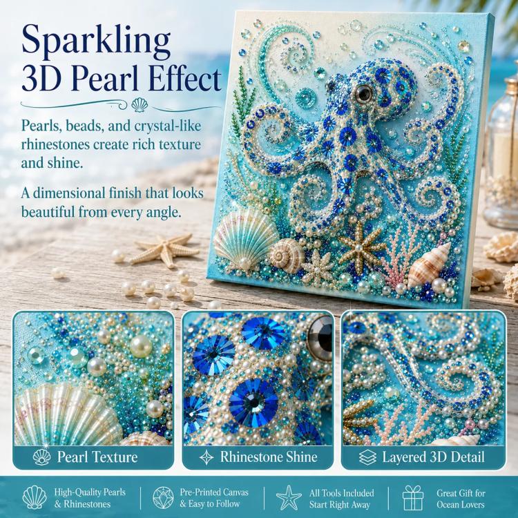 Octopus pearl art canvas close-up with blue pearl texture and rhinestone shine on framed panel
