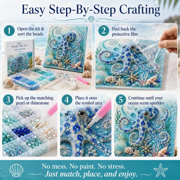 Ocean pearl art DIY kit with blue ocean-scene bead tray and finished canvas panel