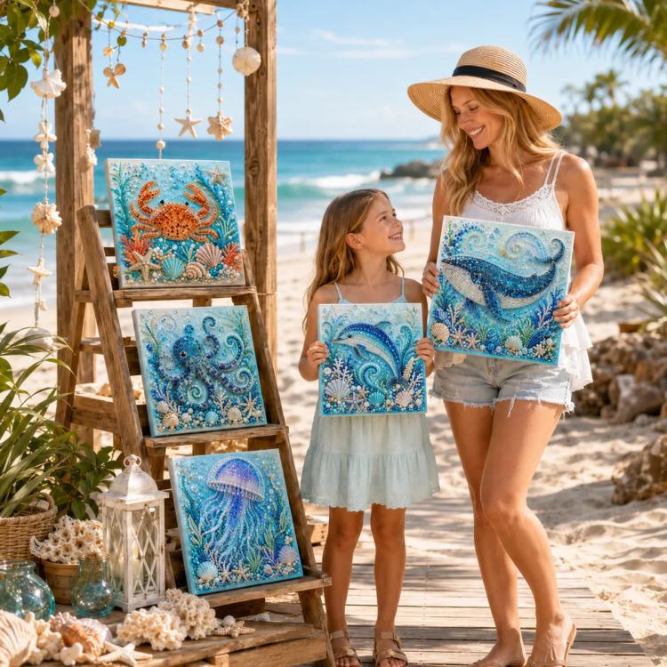 Ocean pearl art DIY kit set of blue sea turtle bead art panels on display easel
