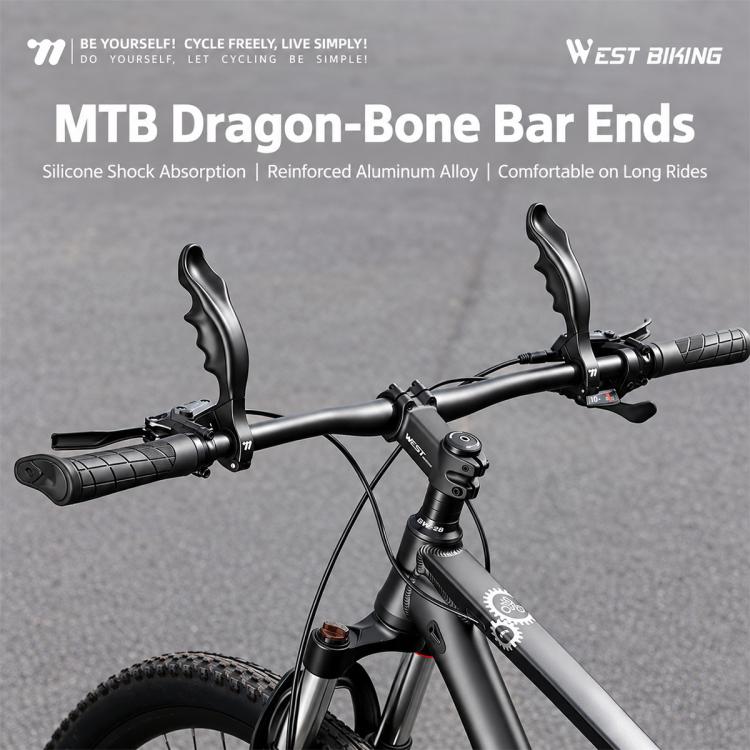 Black MTB bar end thumb rests with dragon-bone ergonomic shape on handlebar grips