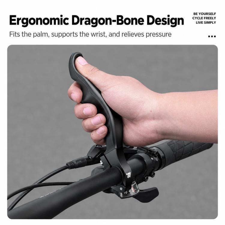 Hand using black bicycle bar end thumb rest with ergonomic dragon-bone grip