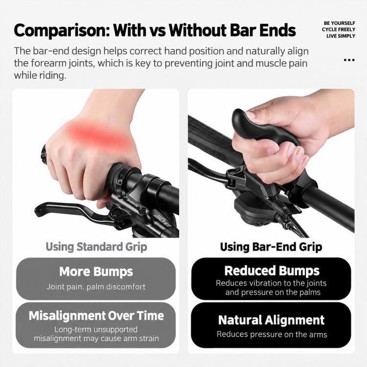 Bar end thumb rest grips on handlebar with ergonomic dragon-bone shape, black pair