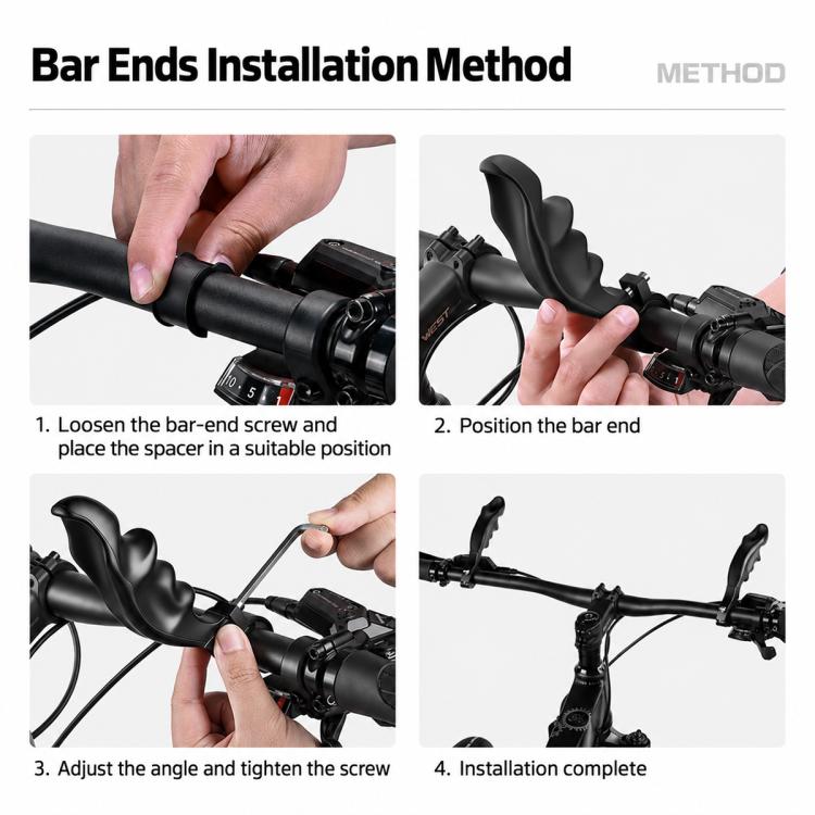 Bicycle bar end thumb rest installation showing screw loosen, angle adjust, secure
