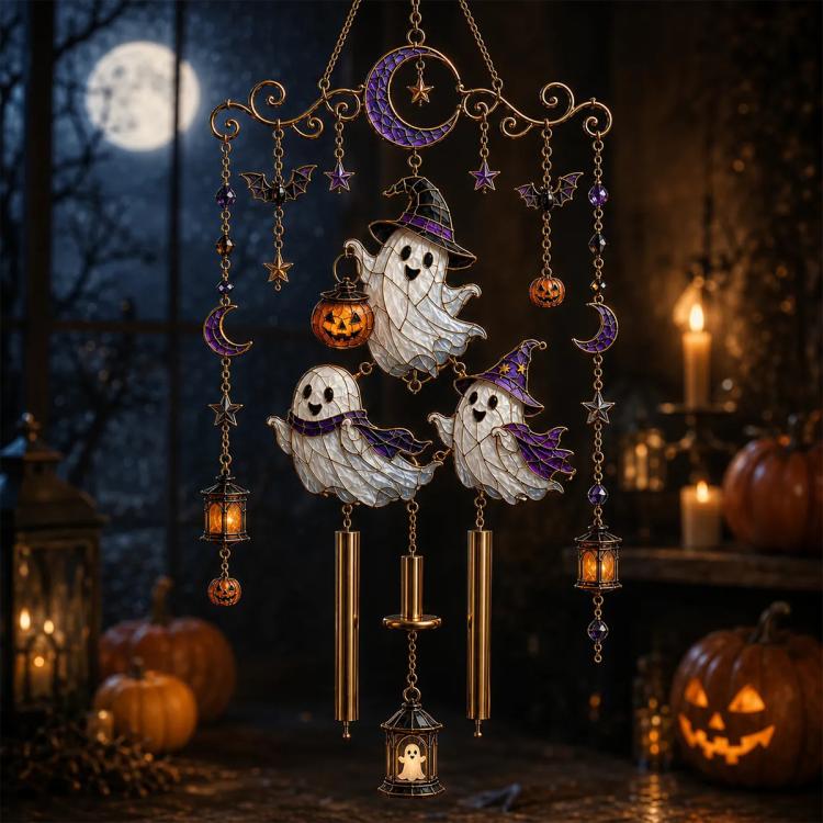 Halloween wind chime with ghost figures, crescent moons, bats, stars, and dangling beads