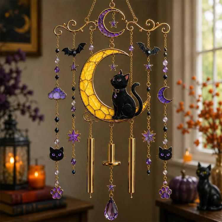 Halloween wind chime featuring black cat centerpiece, crescent moon, bats, stars, and beads