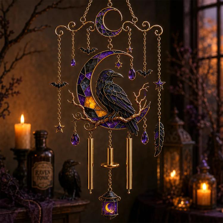 Halloween wind chime with raven figure, crescent moon, leaf charm, stars, and hanging beads