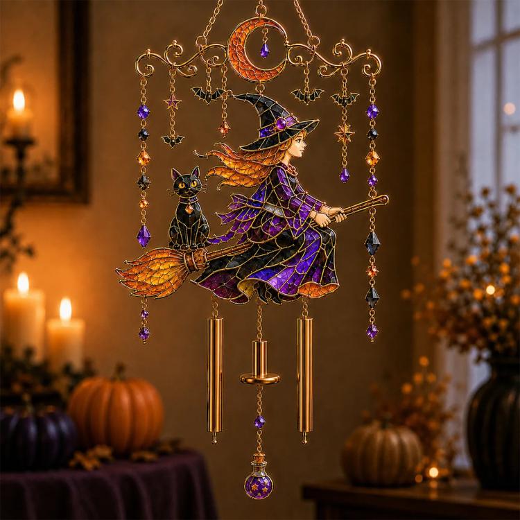 Halloween wind chime with witch on broom, crescent moon, stars, black cat, and hanging beads