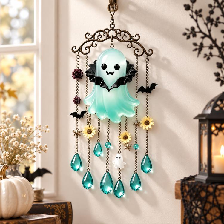 Halloween vampire ghost wind chime with teal body, black bat wings, and teal crystal drops