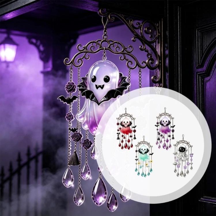 Purple astronaut vampire wind chime with faceted crystal teardrop charms and chain