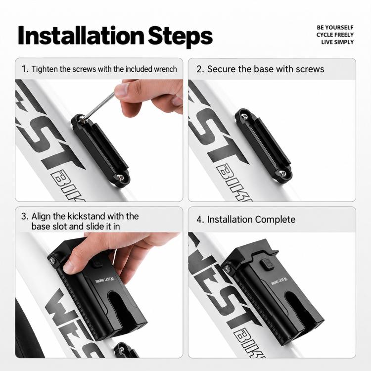 Crank-mounted kickstand base installation with screws and included wrench