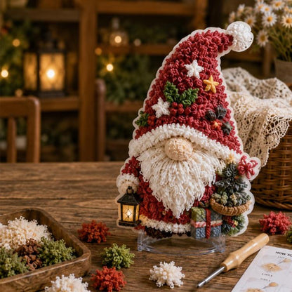3D fabric poke art gnome with red hat, white beard, and lantern accessory