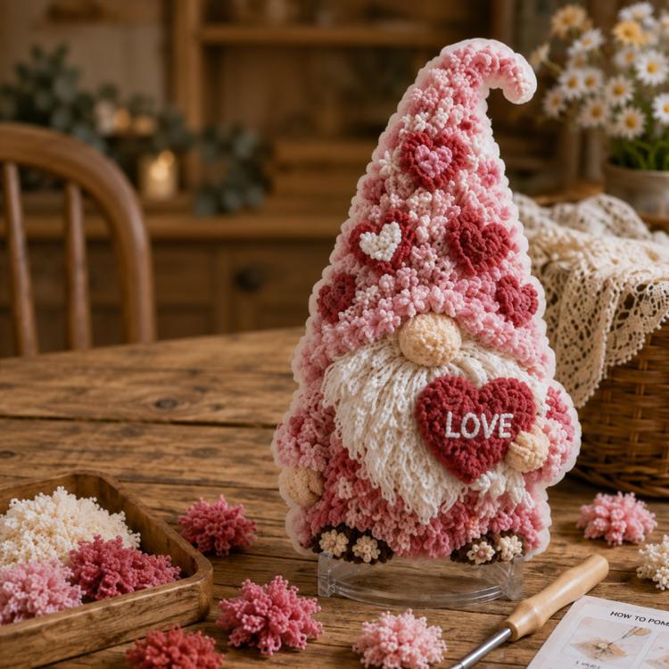 3D fabric poke art gnome with pink textured hat, white beard, and heart detail