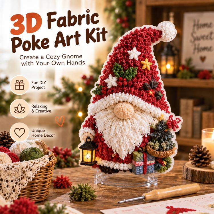3D fabric poke art kit box with red and green gnome design and tool