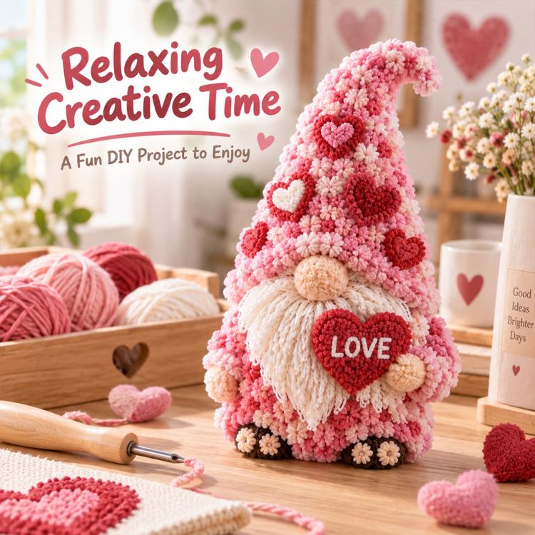 3D fabric poke art kit with pink gnome design, heart detail, and craft materials
