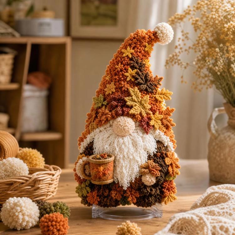 3D fabric poke gnome in autumn orange and brown with white beard, on stand