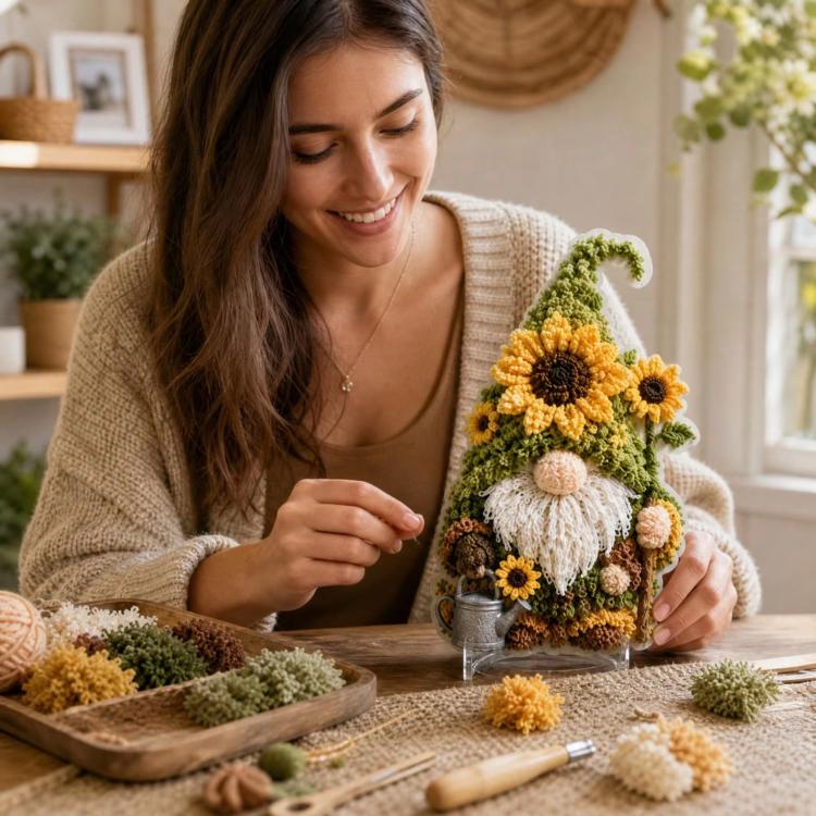 3D fabric poke gnome with yellow sunflowers and white beard, held by woman