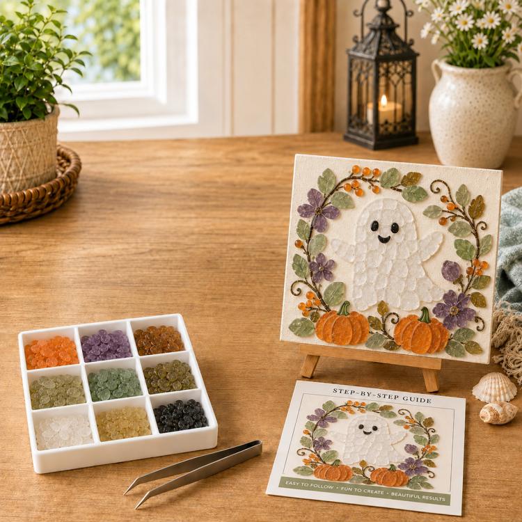 Halloween sea glass DIY art kit with friendly ghost lamb design on easel