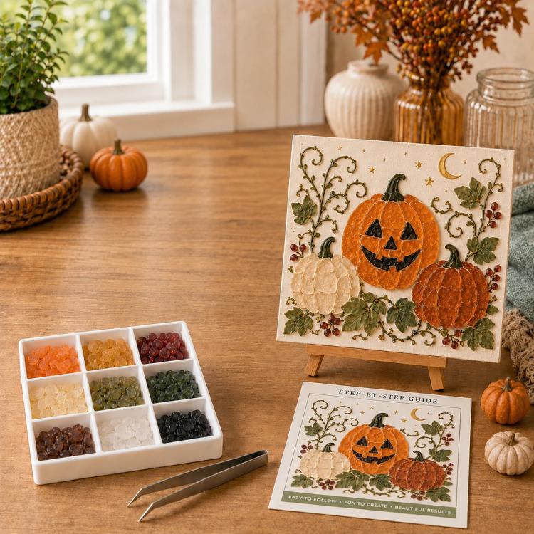 Halloween sea glass DIY art kit with jack-o’-lantern pumpkin designs on easel