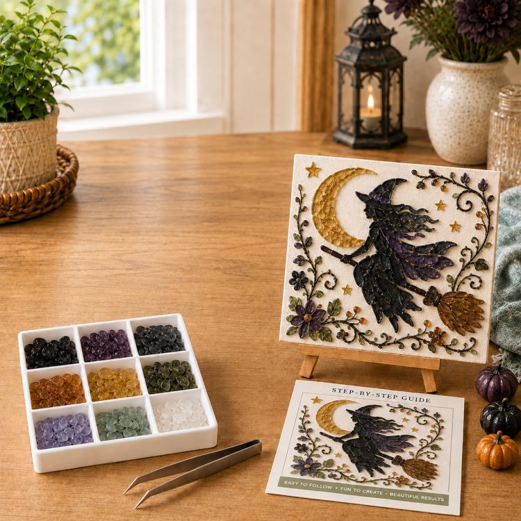 Halloween sea glass DIY art kit with witch bat artwork on easel and accessory tray