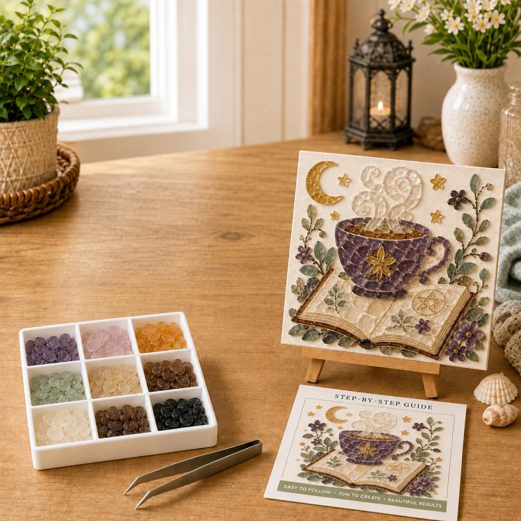 Halloween sea glass DIY art kit with witch teacup design and mixed sea glass pieces