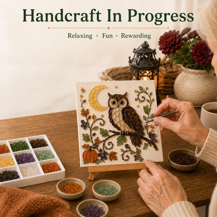 Halloween sea glass DIY art kit in progress with owl artwork and sea glass trays
