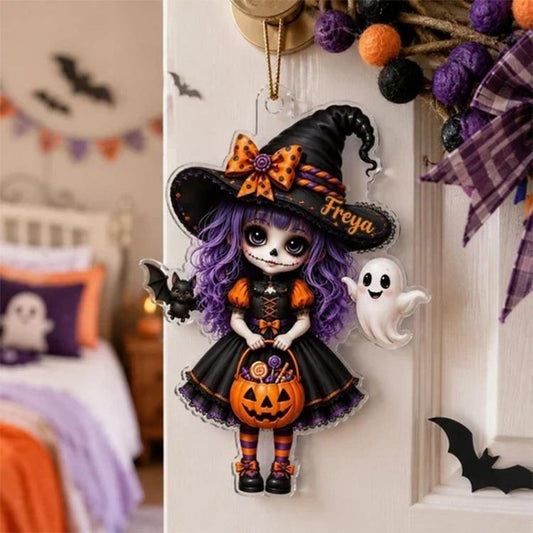 Halloween Little Witch with Black Cat Acrylic Hanging Ornament, 10cm, 20cm, 30cm