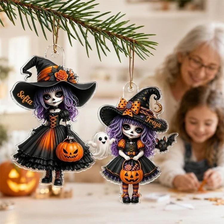 Two Halloween witch acrylic hanging ornaments with jack-o-lanterns and black cats